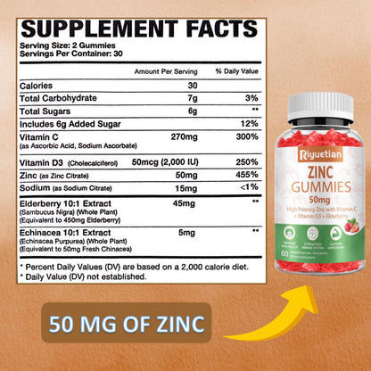 Zinc Gummies 50mg High Potency with Vitamin C, D3 & Elderberry – Immune Support (Vegan, Non-GMO, Gluten Free) – 60 Gummies