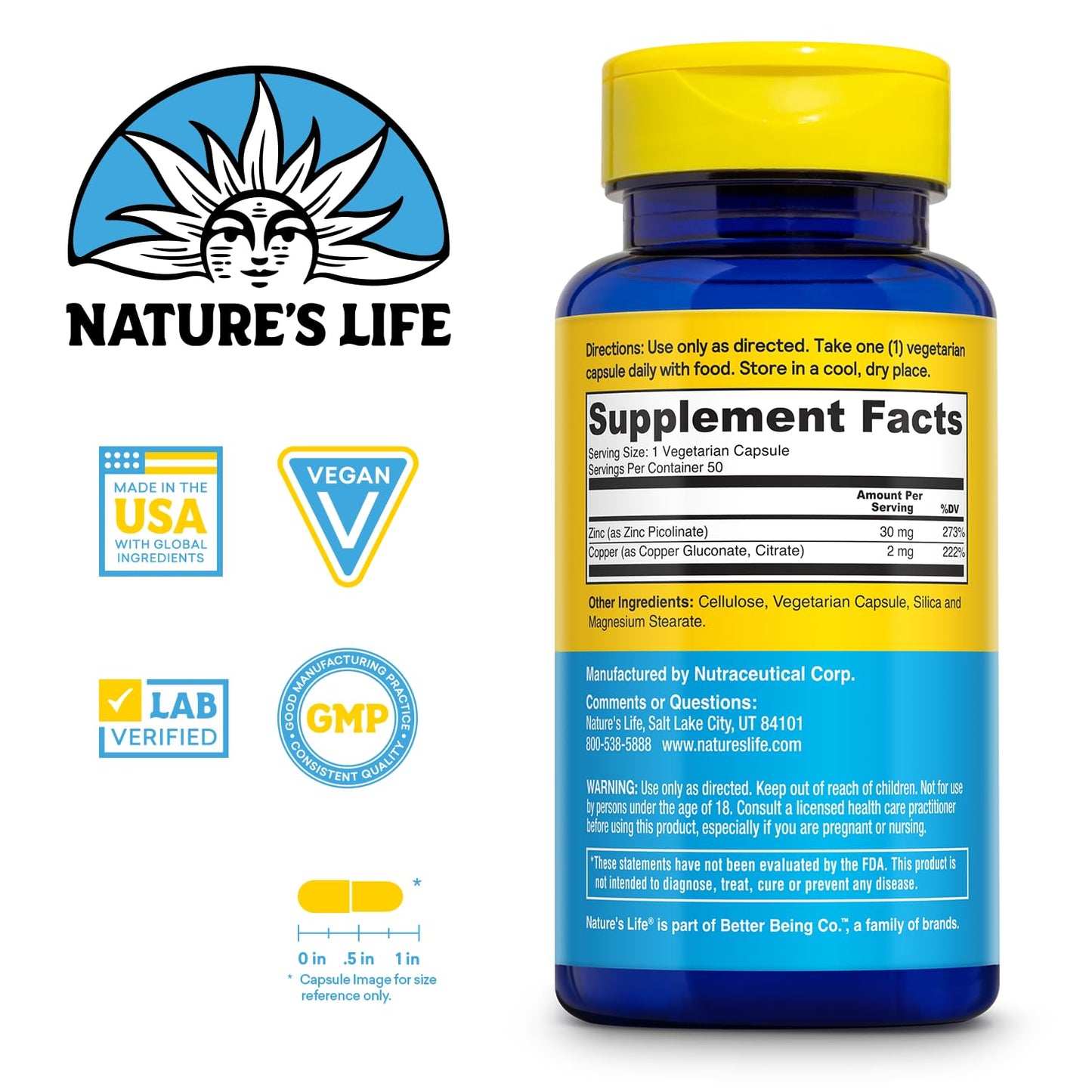 Nature's Life Zinc Picolinate 30mg + Copper 2mg – Chelated Zinc Supplement for Immune, Cardiovascular, Skin & Muscle Health | 50 Servings, 60-Day Guarantee