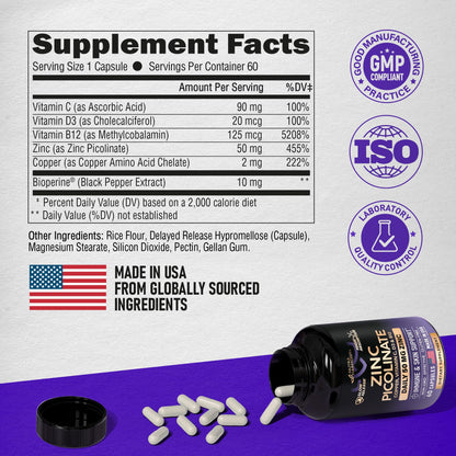 Zinc Picolinate 50mg - Immune Support, Skin Health, Slow Release | 60 Capsules