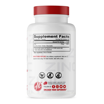 Zinc Supplement by Metabolic Nutrition 75mg, 90 Capsules | Immune Support