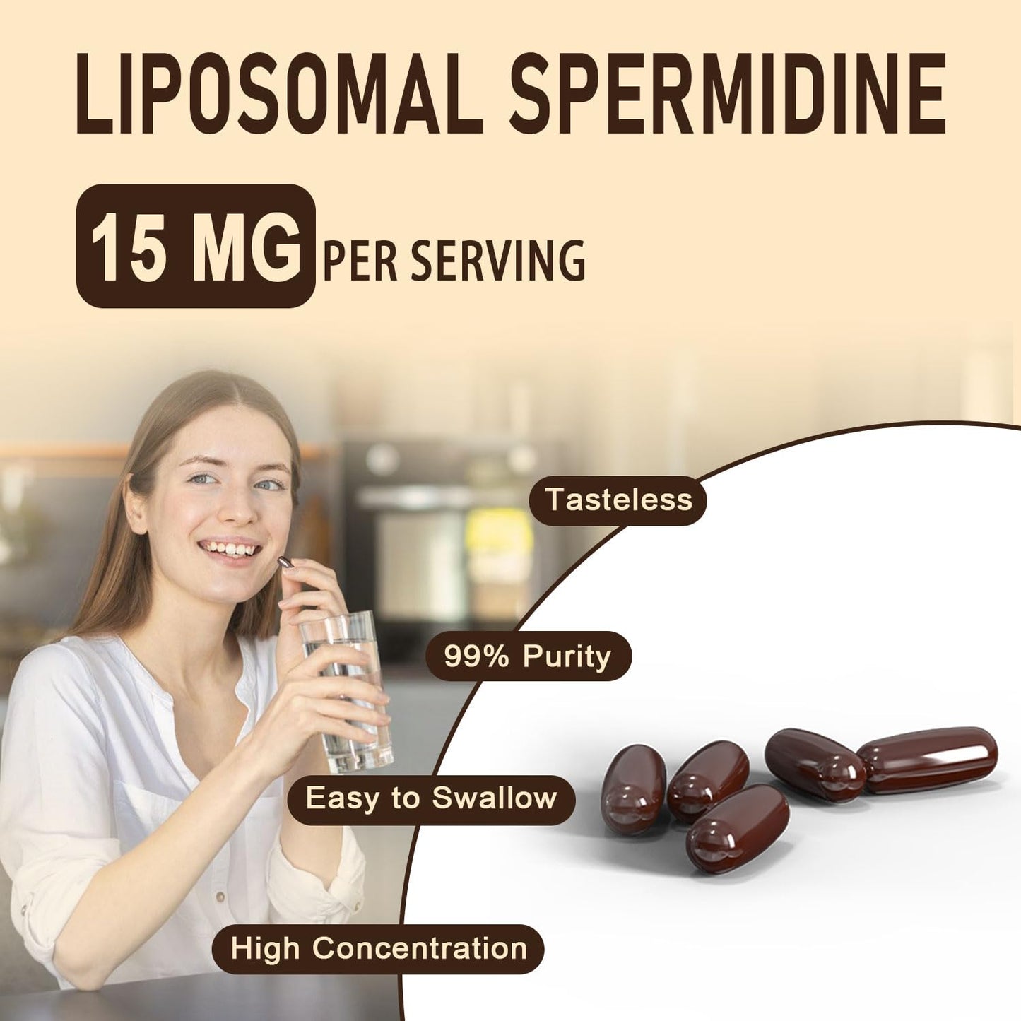 Sohahila Spermidine Supplement 15 MG – Liposomal, 99% Purity, 180 Softgels with Fermented Wheat Germ Extract