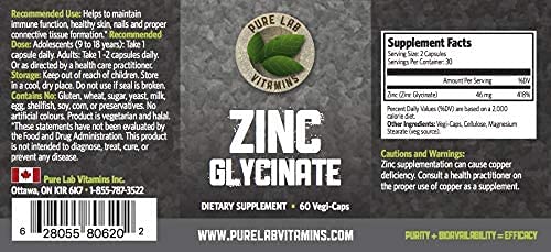 Zinc Glycinate 23 mg Supplement - 60 Vegan Caps by Pure Lab Vitamins (Canada)