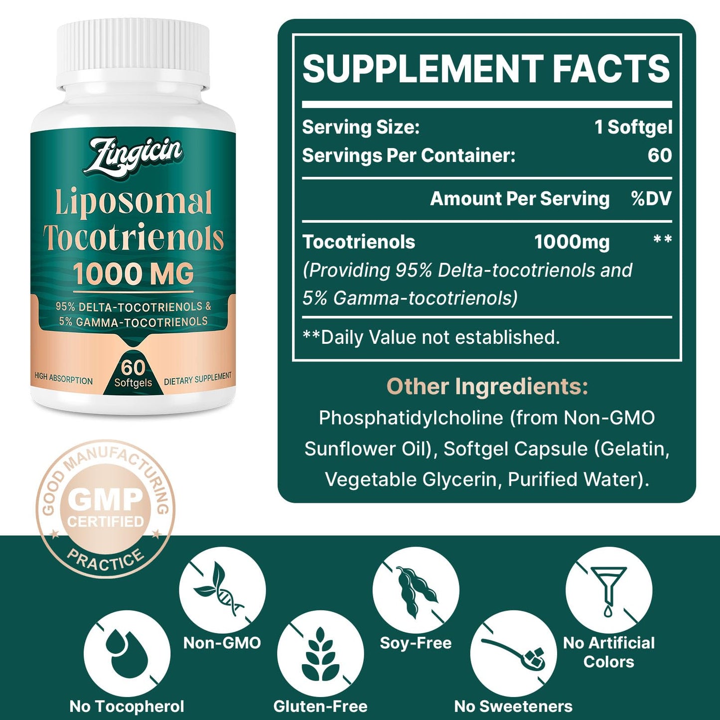 Zingicin Vitamin E Tocotrienols – Liposomal Delta & Gamma Tocotrienols 1000mg | 120 Softgels