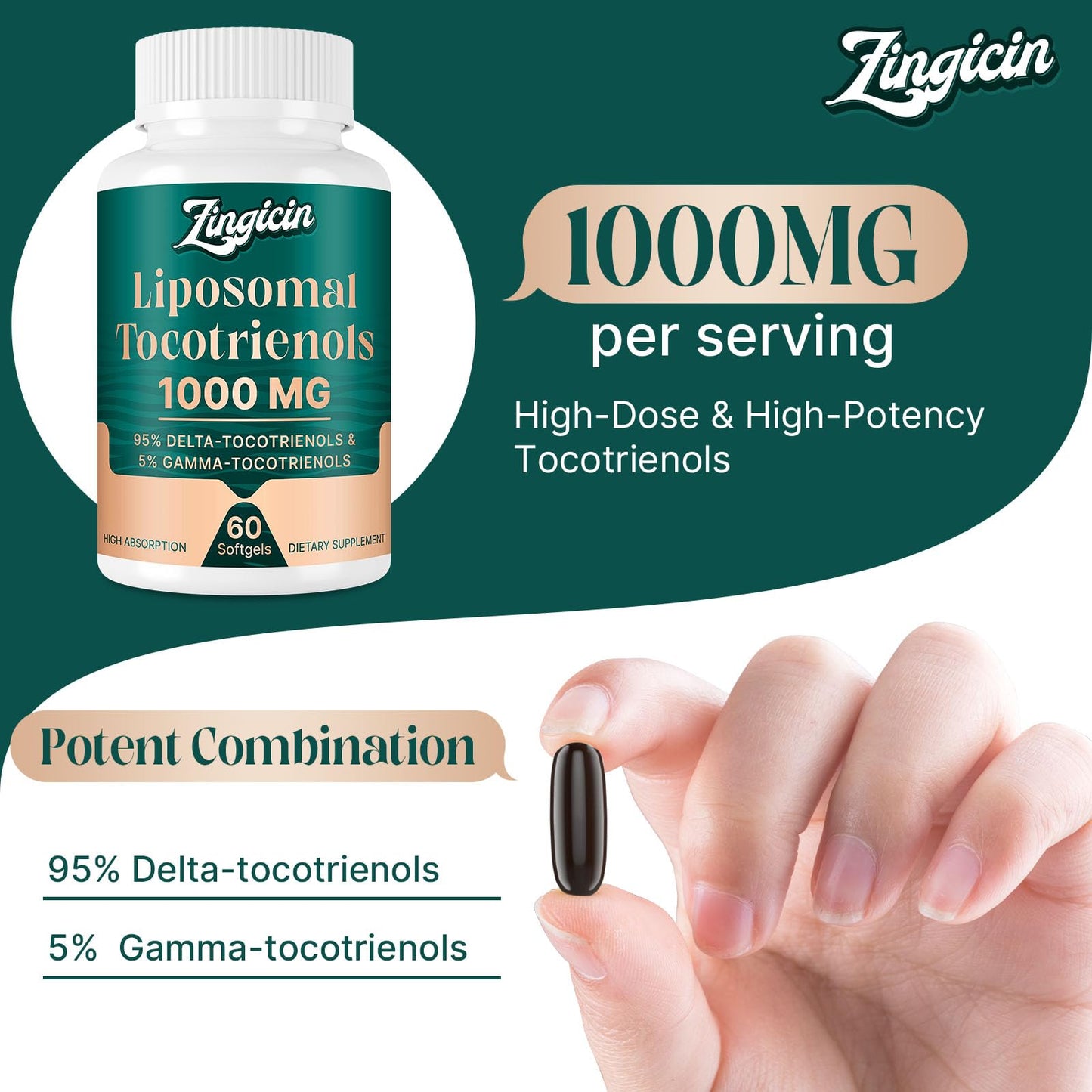 Zingicin Vitamin E Tocotrienols – Liposomal Delta & Gamma Tocotrienols 1000mg | 120 Softgels