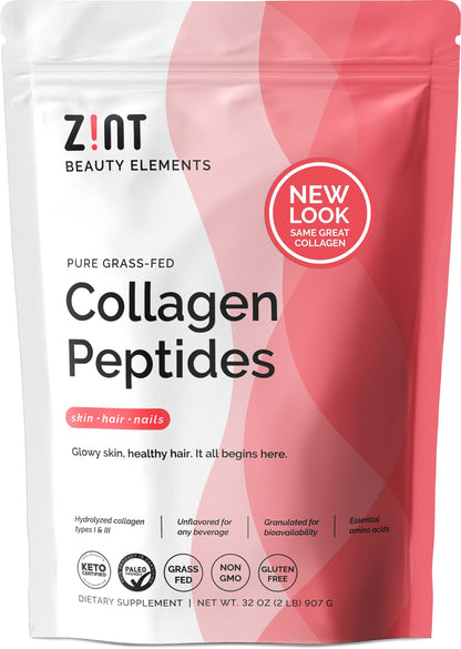 Zint Collagen Peptides Powder (32 oz) | Grass-Fed, Hydrolyzed Type I & III | Unflavored