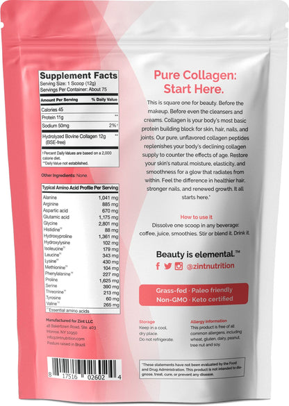 Zint Collagen Peptides Powder (32 oz) | Grass-Fed, Hydrolyzed Type I & III | Unflavored