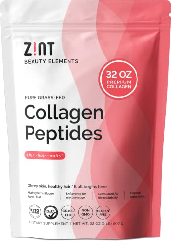 Zint Collagen Peptides Powder (32 oz) | Grass-Fed, Hydrolyzed Type I & III | Unflavored