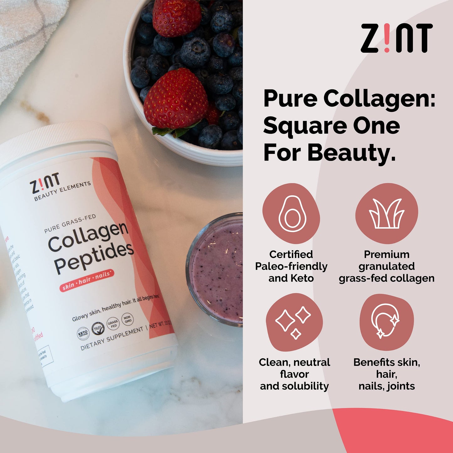 Zint Collagen Peptides Powder XL (32 oz) – Grass-Fed, Hydrolyzed, Unflavored, Paleo & Keto Friendly | Non-GMO