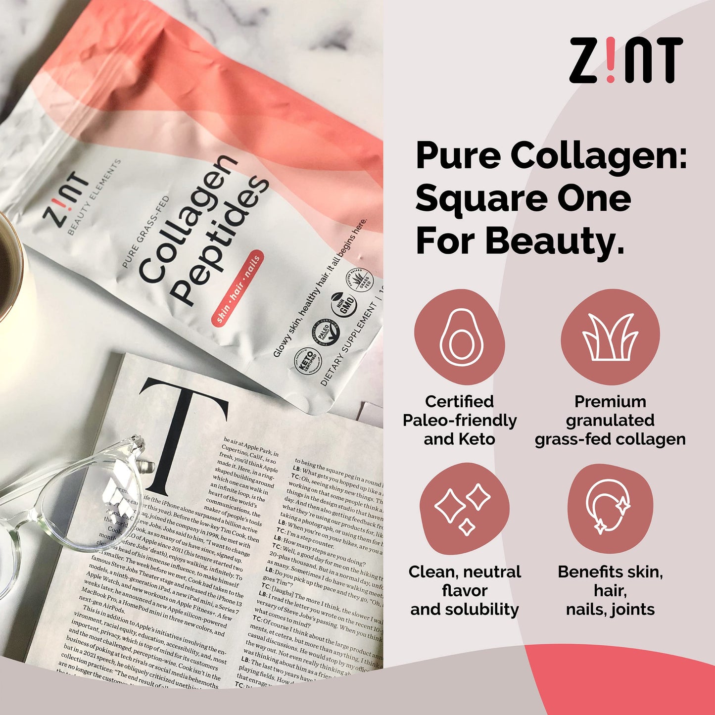 Zint Collagen Peptides Powder (32 oz) – Paleo, Keto, Grass-Fed, Unflavored, Non-GMO