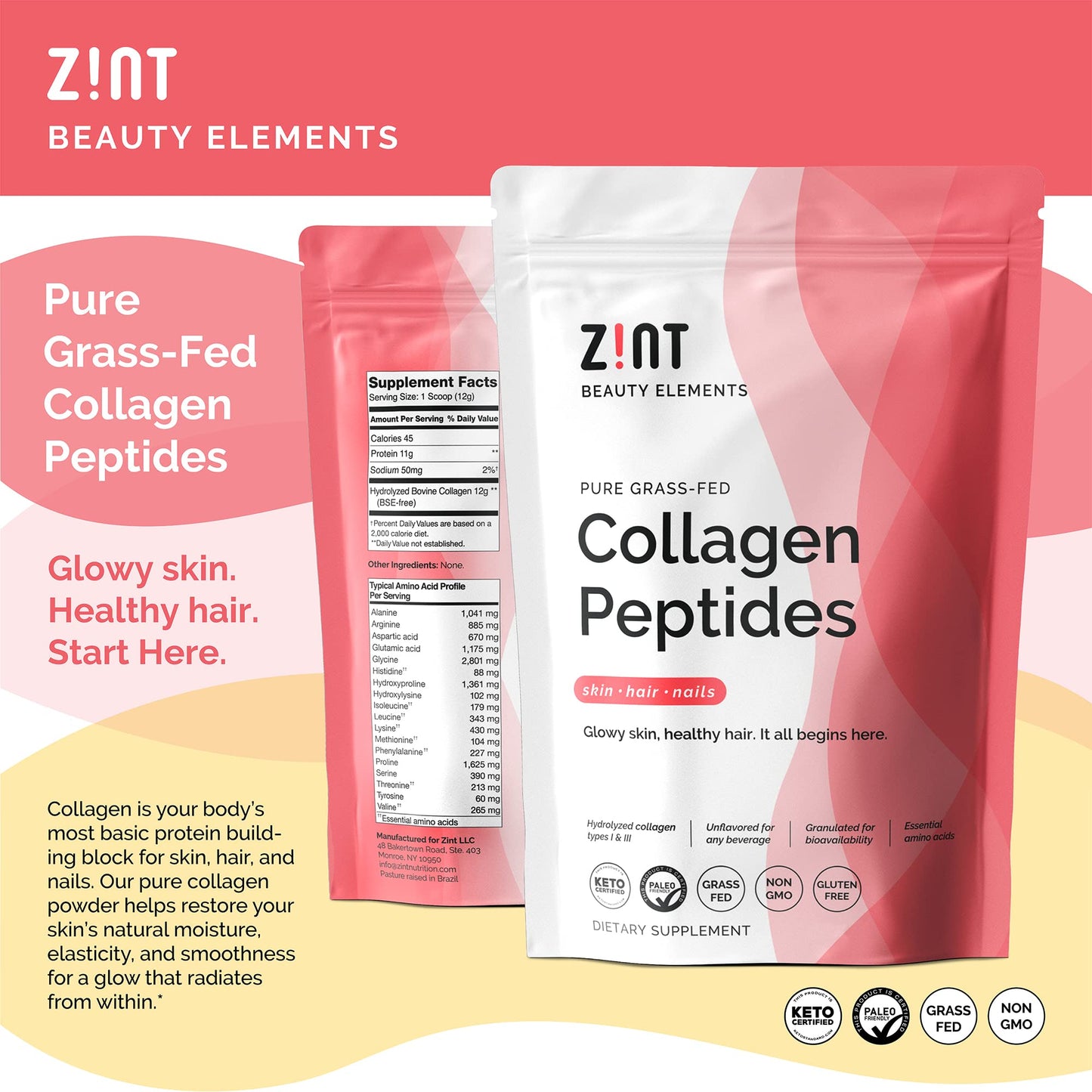 Zint Collagen Peptides Powder (32 oz) | Grass-Fed, Hydrolyzed Type I & III | Unflavored
