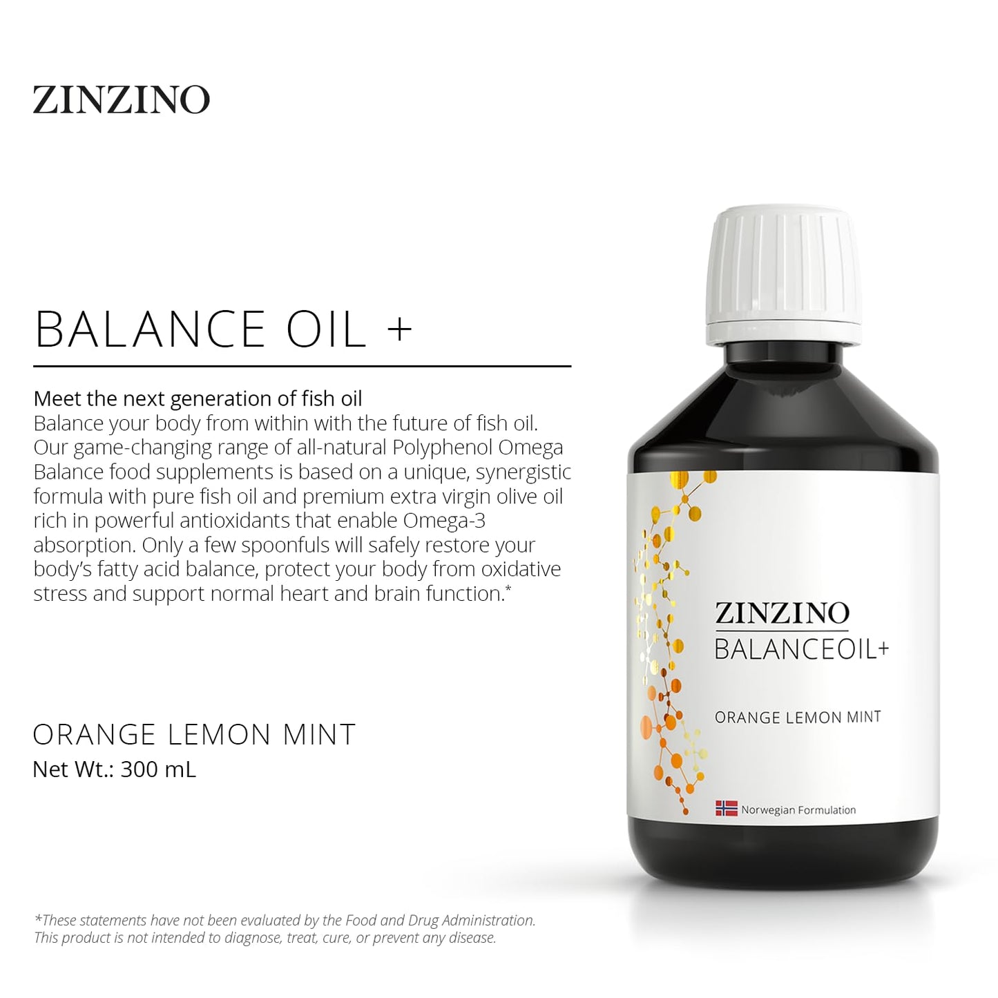 Zinzino BalanceOil+ Orange Lemon Mint 300ml | Omega-3, Polyphenols & Vitamin D3