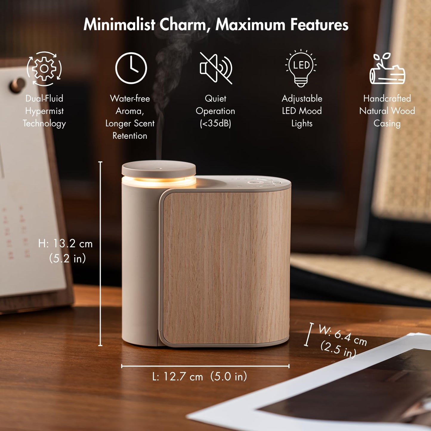ZMARKRAFT Waterless Essential Oil Diffuser | Solid Wood Cover, 3 Timers, 2 Mist Modes