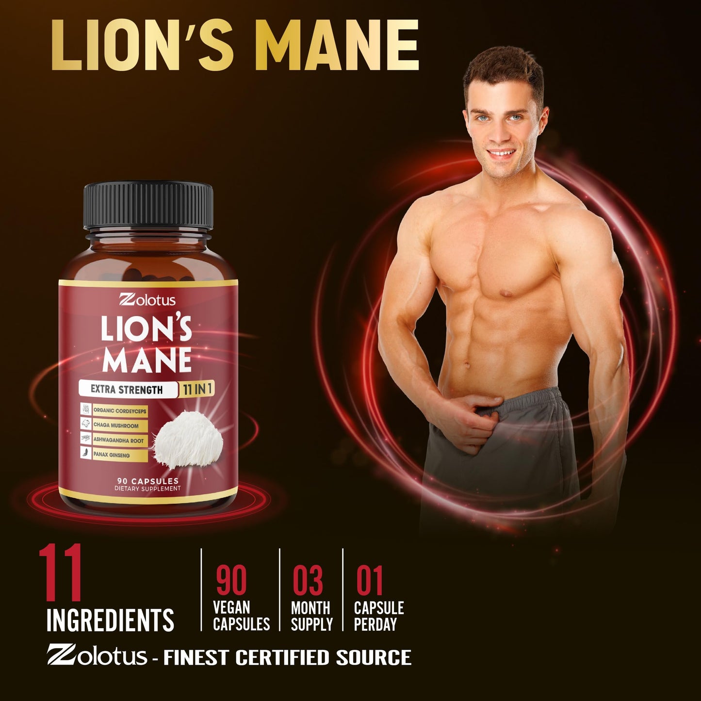 Zolotus 11 in 1 Lion's Mane Capsules – 3 Month Supply with Cordyceps, Reishi & Ginseng