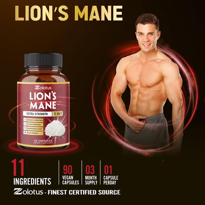 Zolotus 11 in 1 Lion's Mane Capsules – 3 Month Supply with Cordyceps, Reishi & Ginseng