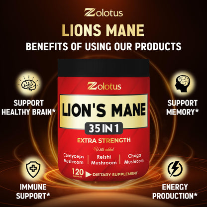 Zolotus 35 in 1 Lions Mane Mushroom Capsules Cordeyceps, Reishi, Elderberry, Ashwagandha, Panax Ginseng - 120 Count