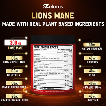 Zolotus 35 in 1 Lions Mane Mushroom Capsules Cordeyceps, Reishi, Elderberry, Ashwagandha, Panax Ginseng - 120 Count