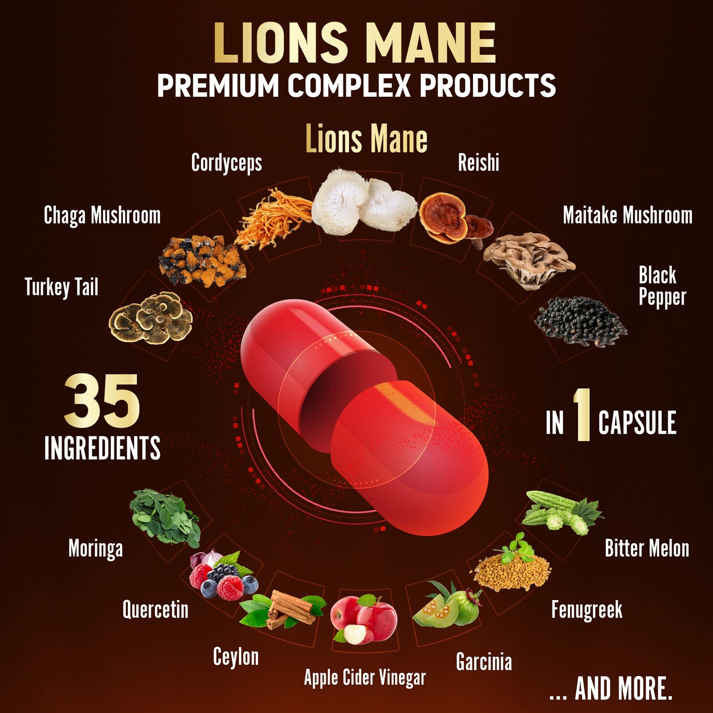 Zolotus 35 in 1 Lions Mane Mushroom Capsules Cordeyceps, Reishi, Elderberry, Ashwagandha, Panax Ginseng - 120 Count