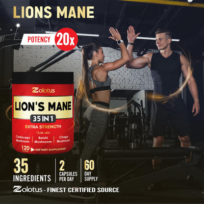 Zolotus 35 in 1 Lions Mane Mushroom Capsules Cordeyceps, Reishi, Elderberry, Ashwagandha, Panax Ginseng - 120 Count