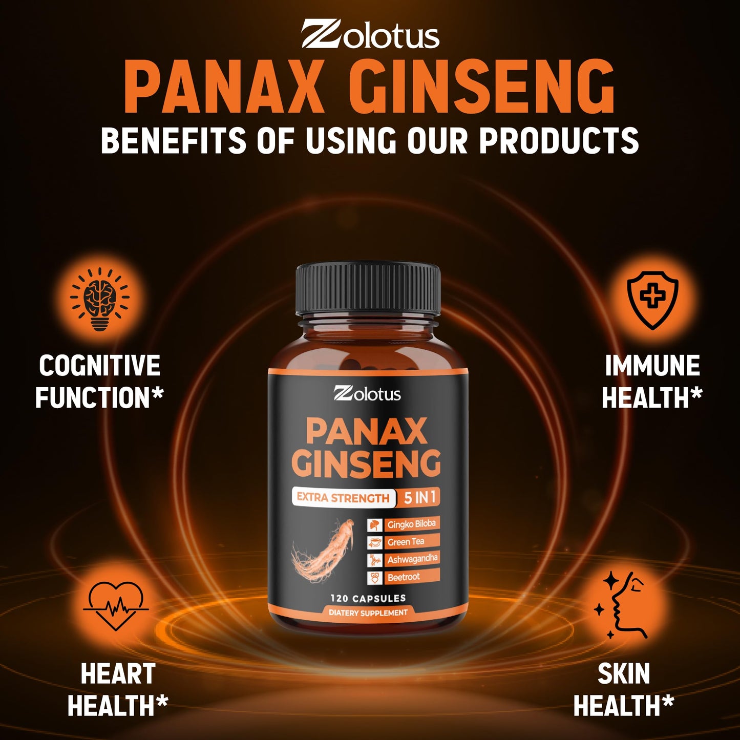 Zolotus Korean Red Panax Ginseng + Ginkgo Biloba, Ashwagandha, Beetroot, Green Tea - 120 Capsules (Pack of 2)