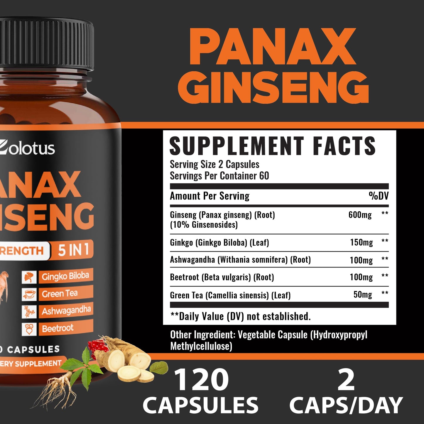 Zolotus Panax Ginseng + Ginkgo Biloba – 120 Capsules (2-Month Supply)