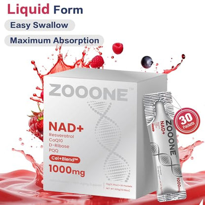 Zooone NAD+ Supplement with Resveratrol - 1000mg NMNH, Anti-Aging & Energy Support for Men & Women, 30 Pockets