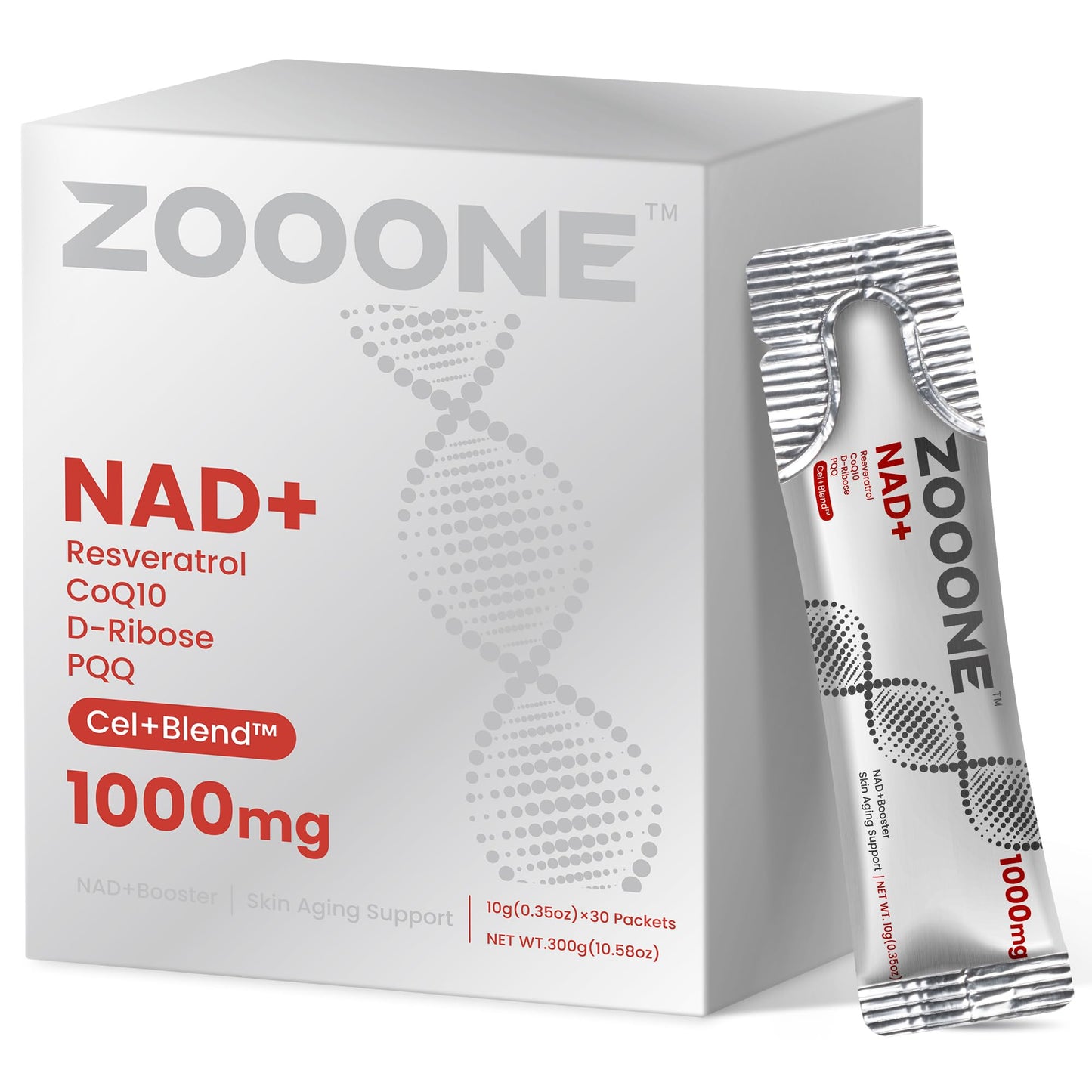 Zooone NAD+ 1000mg Liquid Packets — Premium Nicotinamide Riboside & Resveratrol for Cellular Energy (30-Pack)