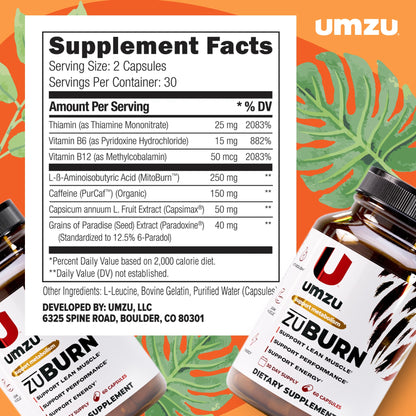 UMZU ZuBurn Energy Support - 30 Day Supply, Caffeine & Mitoburn