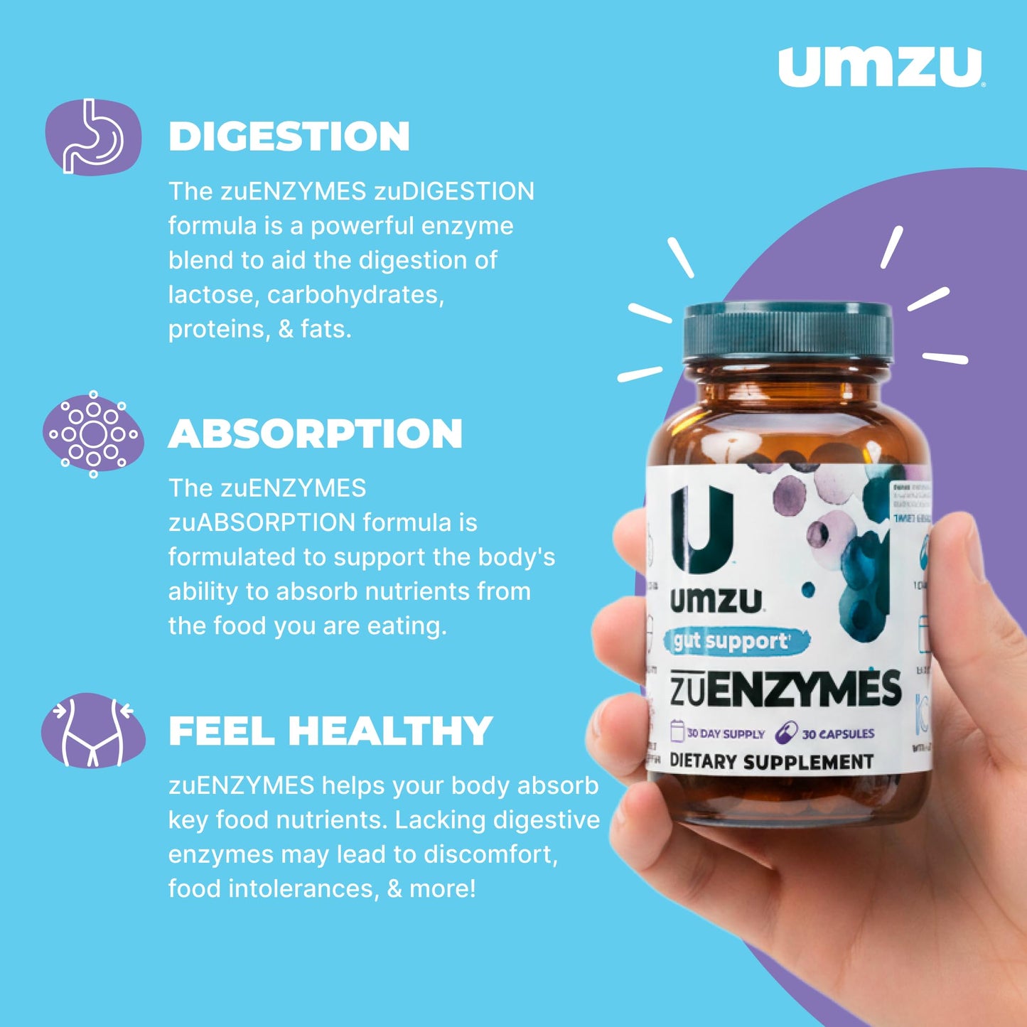 UMZU ZuEnzymes Digestive Enzymes Supplement — 21 Enzymes for Gut Health, Digestion & Nutrient Absorption (30 Day Supply, 30 Capsules)