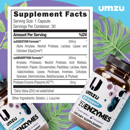 UMZU ZuEnzymes Digestive Enzymes Supplement — 21 Enzymes for Gut Health, Digestion & Nutrient Absorption (30 Day Supply, 30 Capsules)