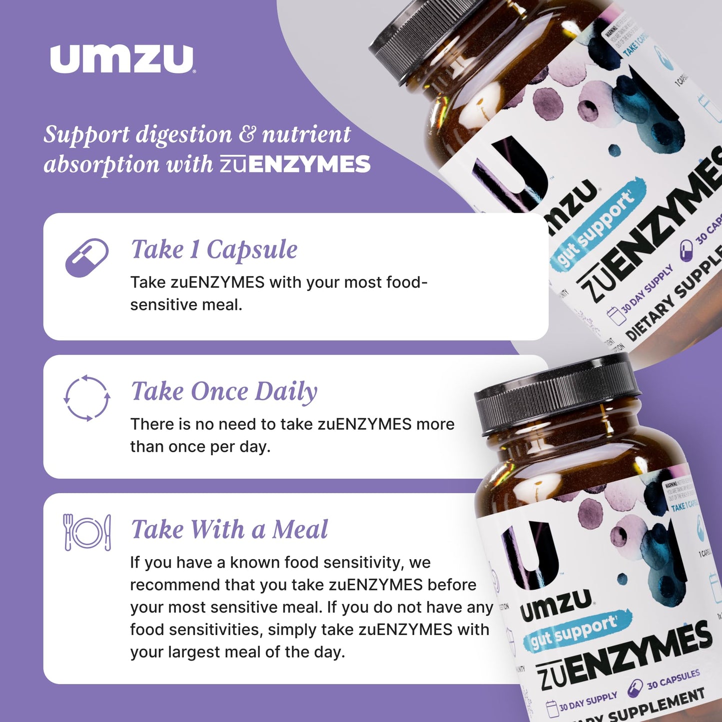 UMZU ZuEnzymes Digestive Enzymes Supplement — 21 Enzymes for Gut Health, Digestion & Nutrient Absorption (30 Day Supply, 30 Capsules)