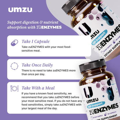 UMZU ZuEnzymes Digestive Enzymes Supplement — 21 Enzymes for Gut Health, Digestion & Nutrient Absorption (30 Day Supply, 30 Capsules)