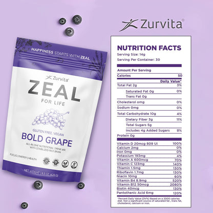 Zurvita Zeal for Life - Bold Grape Flavor | Daily Nutrition for Vitality & Wellness - 30-Day Wellness Bag 420g