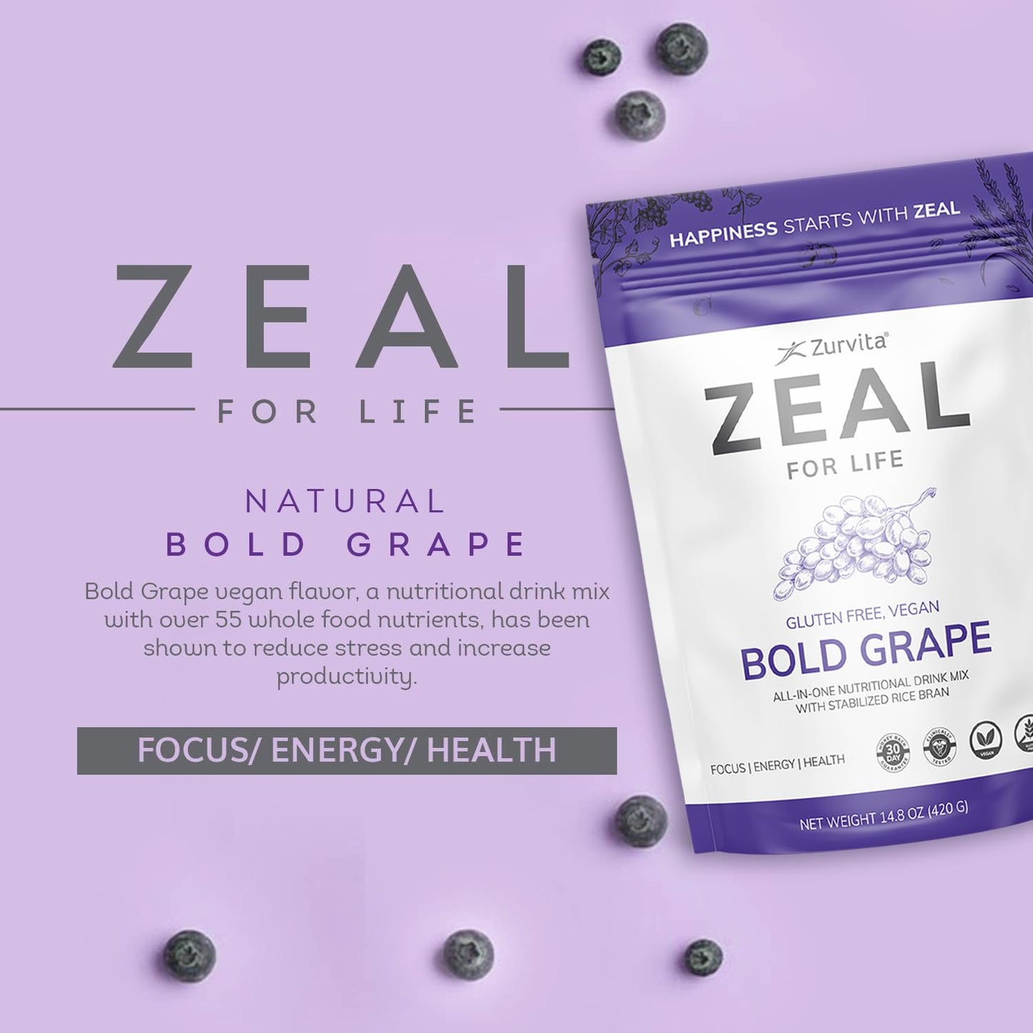 Zurvita Zeal for Life - Bold Grape Flavor | Daily Nutrition for Vitality & Wellness - 30-Day Wellness Bag 420g