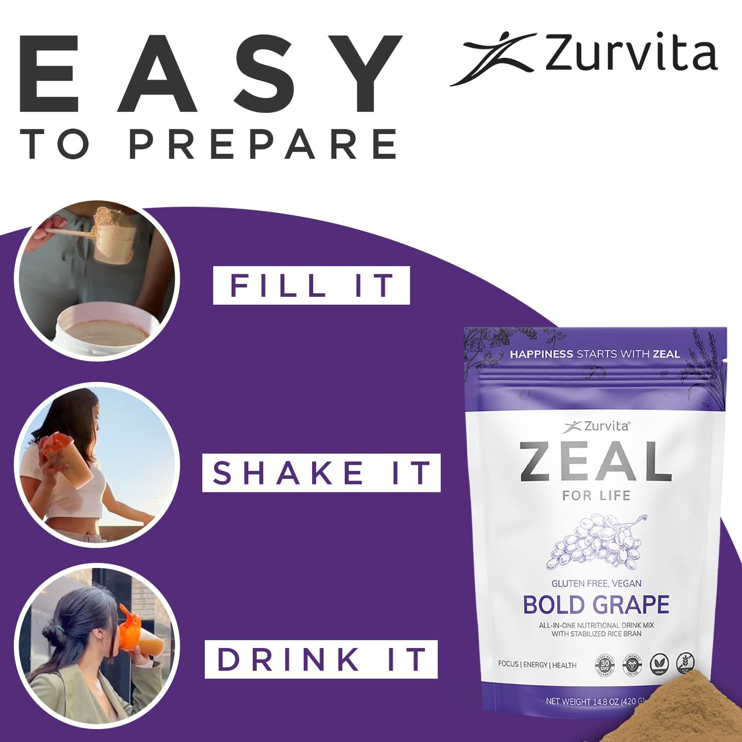 Zurvita Zeal for Life - Bold Grape Flavor | Daily Nutrition for Vitality & Wellness - 30-Day Wellness Bag 420g
