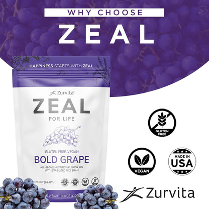 Zurvita Zeal for Life - Bold Grape Flavor | Daily Nutrition for Vitality & Wellness - 30-Day Wellness Bag 420g