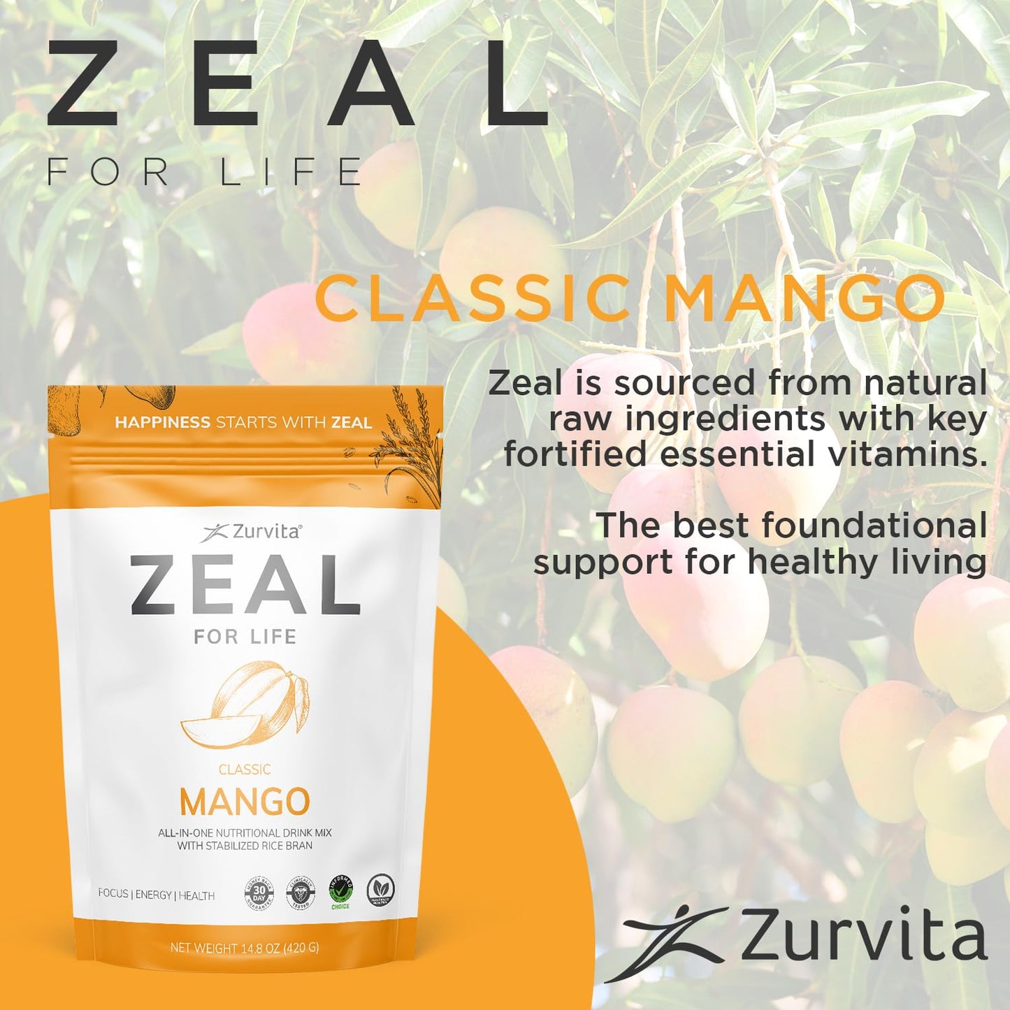 Zurvita Zeal for Life Wellness Drink Mix – Mango Flavor, Gluten-Free & Vegan (30 Servings, 420g)