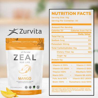 Zurvita Zeal for Life Wellness Drink Mix – Mango Flavor, Gluten-Free & Vegan (30 Servings, 420g)