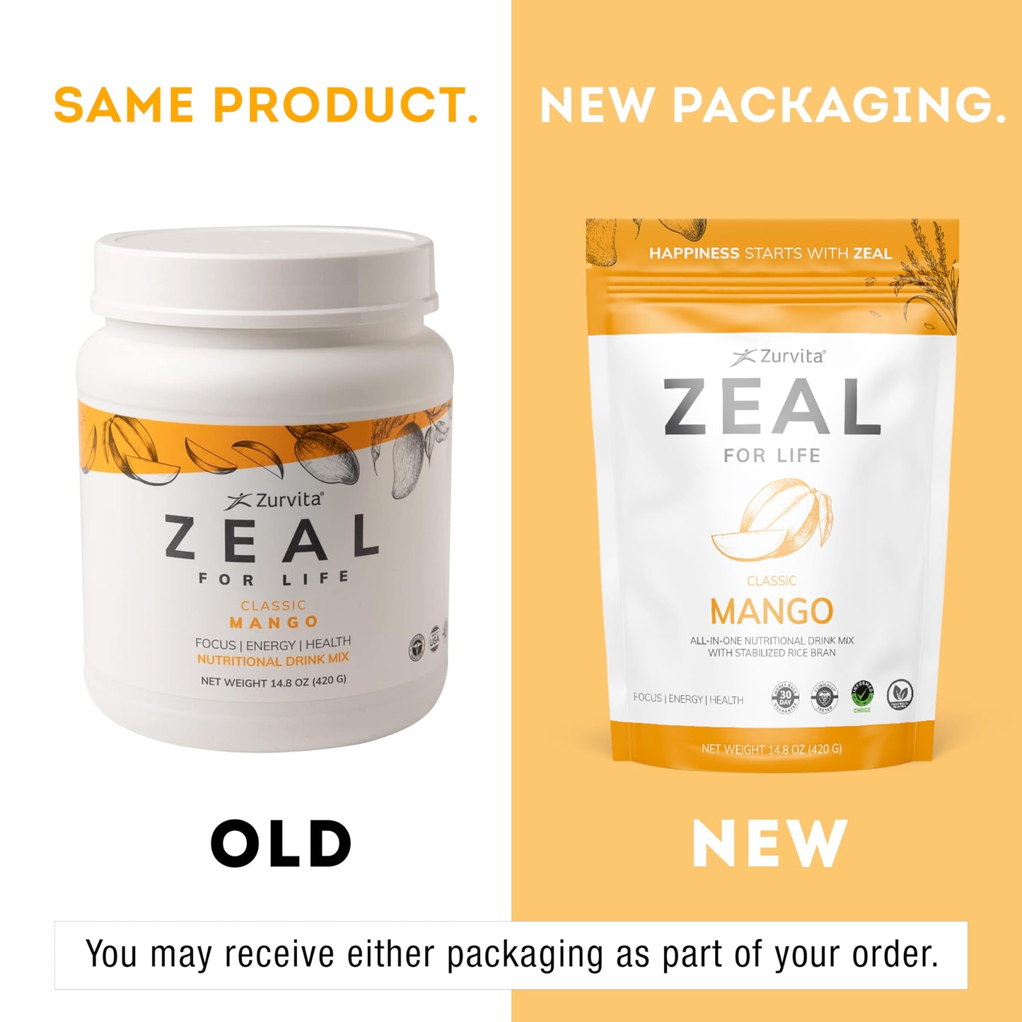 Zurvita Zeal for Life Wellness Drink Mix – Mango Flavor, Gluten-Free & Vegan (30 Servings, 420g)