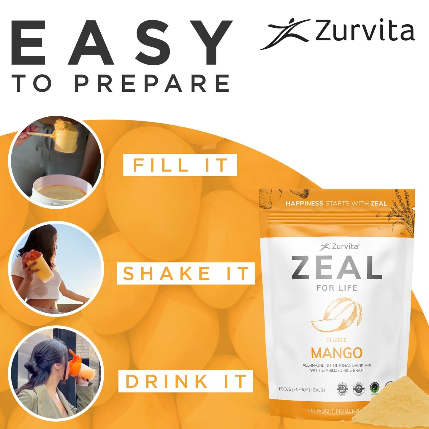 Zurvita Zeal for Life Wellness Drink Mix – Mango Flavor, Gluten-Free & Vegan (30 Servings, 420g)