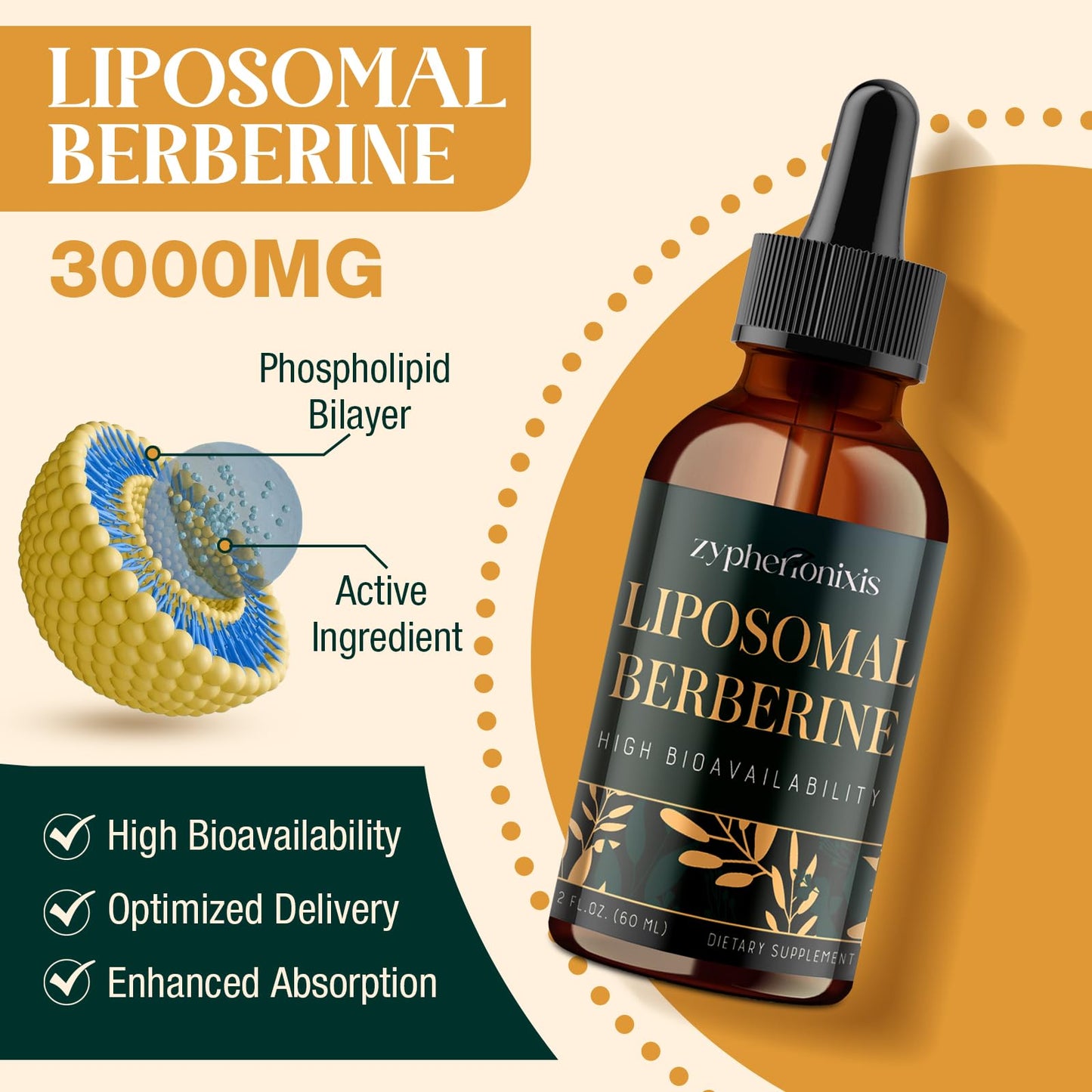 Zypherionixis Liposomal Berberine HCL Drops – 3000mg, 12-in-1 Formula, Sugar Free