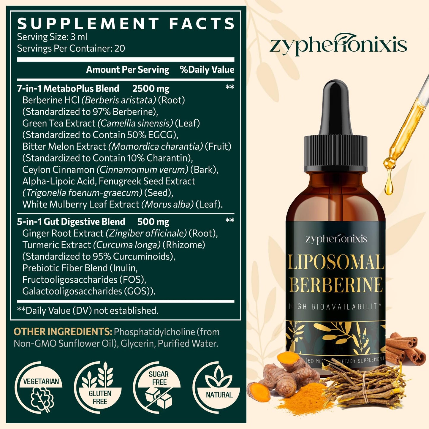 Zypherionixis Liposomal Berberine HCL Drops – 3000mg, 12-in-1 Formula, Sugar Free