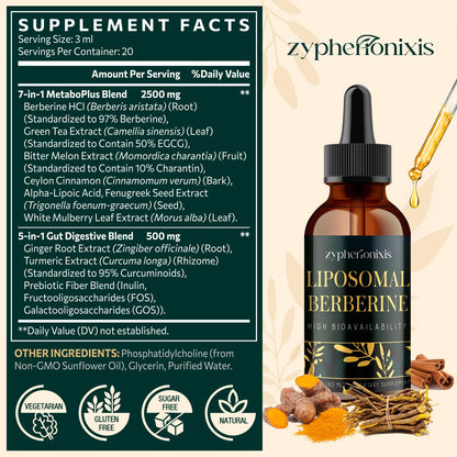 Zypherionixis Liposomal Berberine HCL Drops – 3000mg, 12-in-1 Formula, Sugar Free
