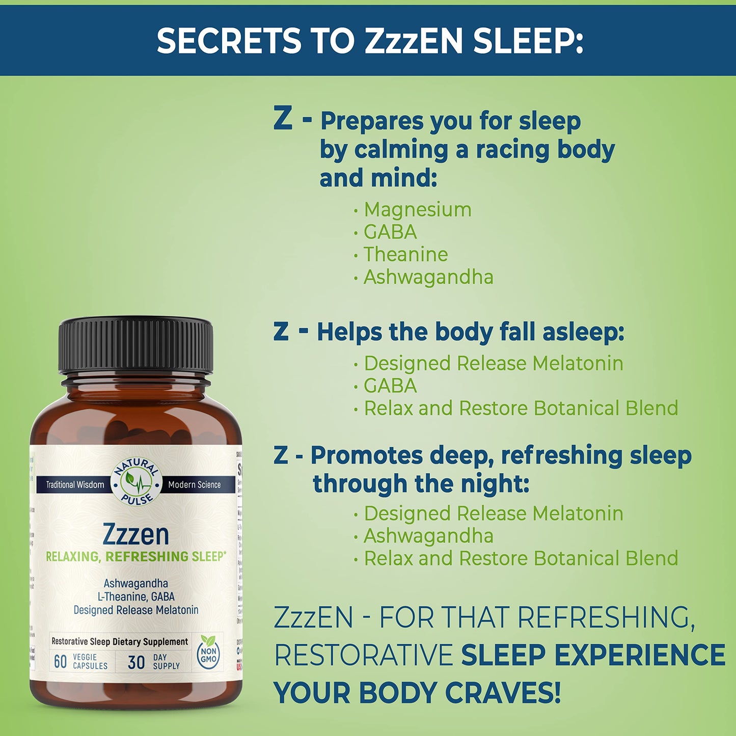 Natural Pulse Zzzen Sleep Aid for Adults – L-Theanine, Ashwagandha, GABA, Melatonin | 60 Caps | Non-GMO