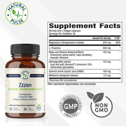 Natural Pulse Zzzen Sleep Aid for Adults – L-Theanine, Ashwagandha, GABA, Melatonin | 60 Caps | Non-GMO